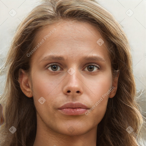 Neutral white young-adult female with long  brown hair and brown eyes