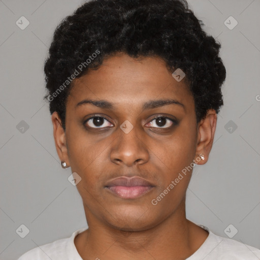 Neutral black young-adult female with short  black hair and brown eyes