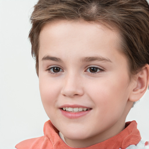 Joyful white child female with short  brown hair and brown eyes