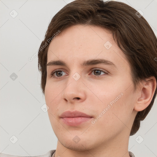 Neutral white young-adult female with short  brown hair and grey eyes