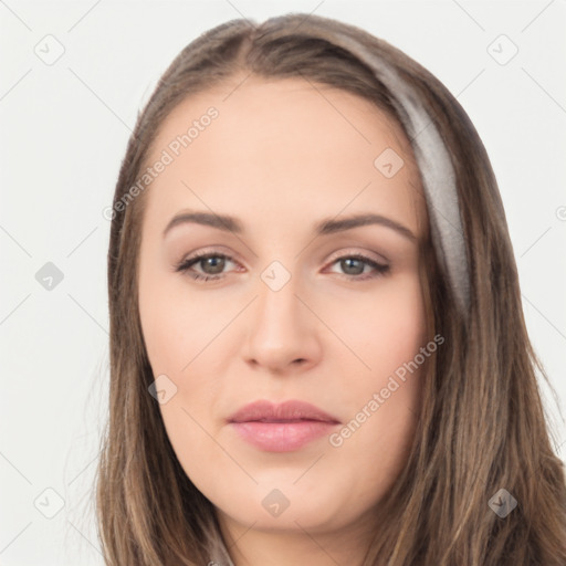 Neutral white young-adult female with long  brown hair and brown eyes