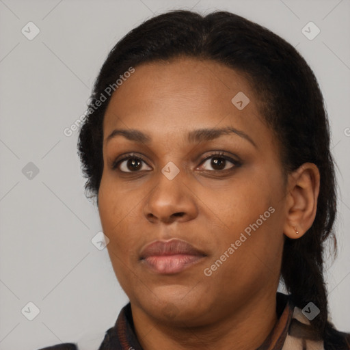 Neutral black young-adult female with short  black hair and brown eyes