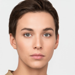 Neutral white young-adult female with short  brown hair and brown eyes