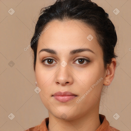 Neutral white young-adult female with short  brown hair and brown eyes