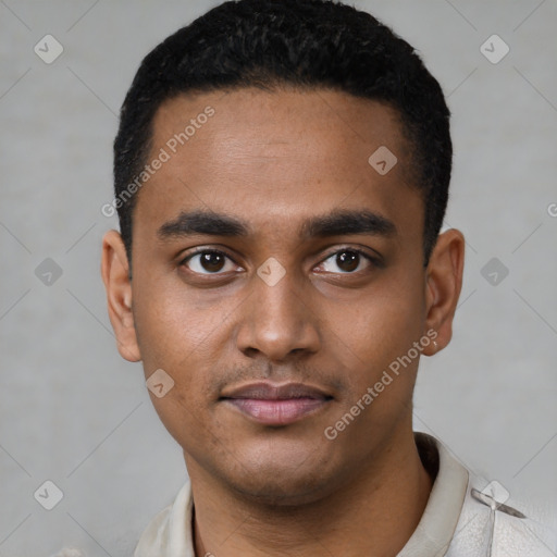 Neutral black young-adult male with short  black hair and brown eyes