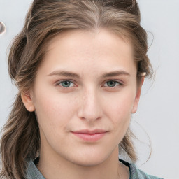 Neutral white young-adult female with medium  brown hair and blue eyes