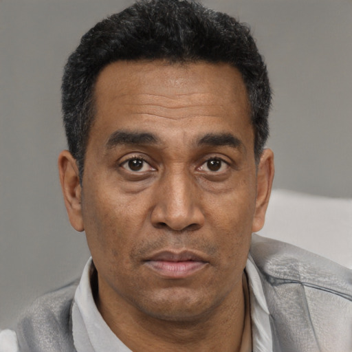 Neutral black adult male with short  black hair and brown eyes