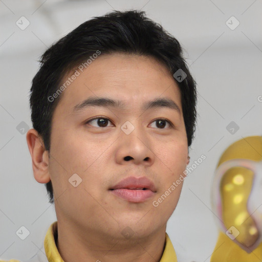 Neutral asian young-adult male with short  brown hair and brown eyes