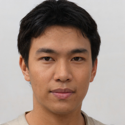 Neutral asian young-adult male with short  brown hair and brown eyes
