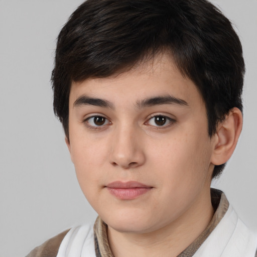 Joyful white young-adult male with medium  brown hair and brown eyes