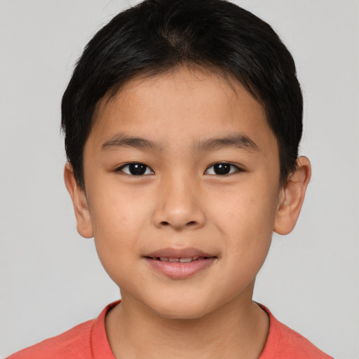 Joyful asian child male with short  brown hair and brown eyes