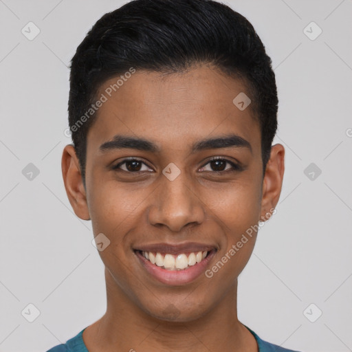 Joyful latino young-adult male with short  black hair and brown eyes