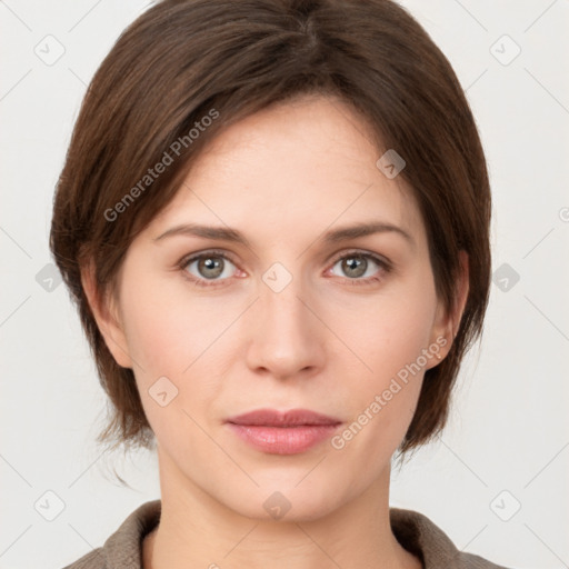 Neutral white young-adult female with medium  brown hair and brown eyes