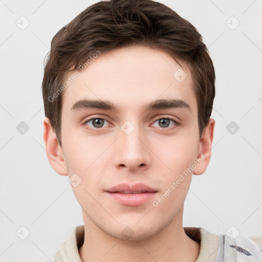 Neutral white young-adult male with short  brown hair and grey eyes