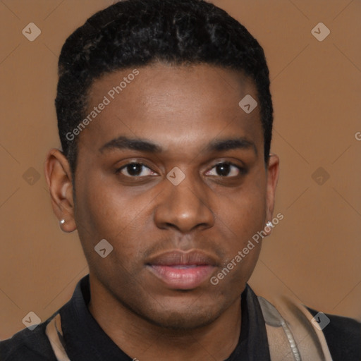 Neutral black young-adult male with short  black hair and brown eyes