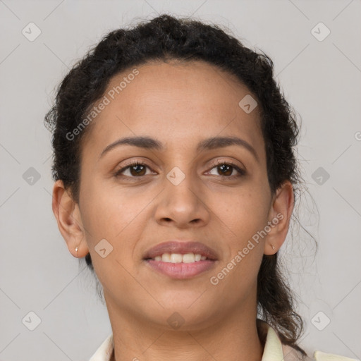 Joyful latino young-adult female with short  brown hair and brown eyes