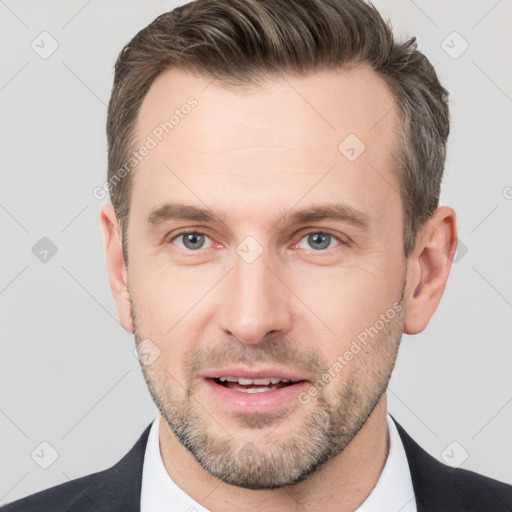 Neutral white adult male with short  brown hair and brown eyes