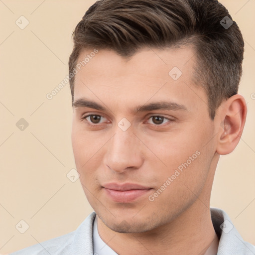 Neutral white young-adult male with short  brown hair and brown eyes