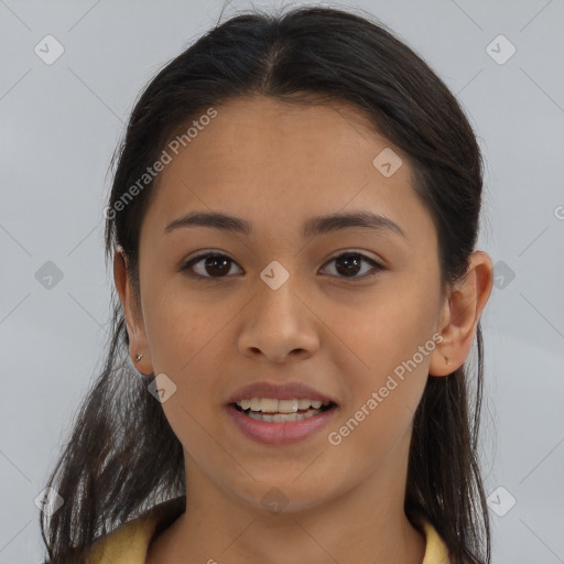 Joyful asian young-adult female with long  brown hair and brown eyes