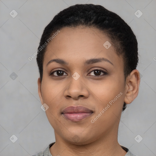 Joyful latino young-adult female with short  brown hair and brown eyes