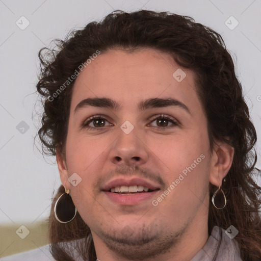 Joyful white young-adult male with medium  brown hair and brown eyes