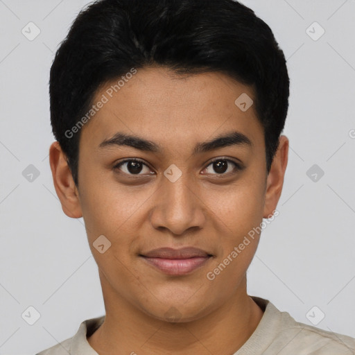 Joyful latino young-adult female with short  black hair and brown eyes