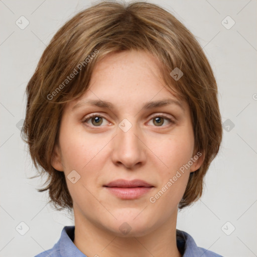 Joyful white young-adult female with medium  brown hair and green eyes