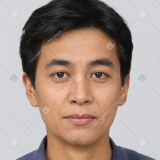 Neutral white young-adult male with short  black hair and brown eyes
