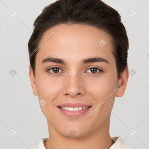 Joyful white young-adult female with short  brown hair and brown eyes