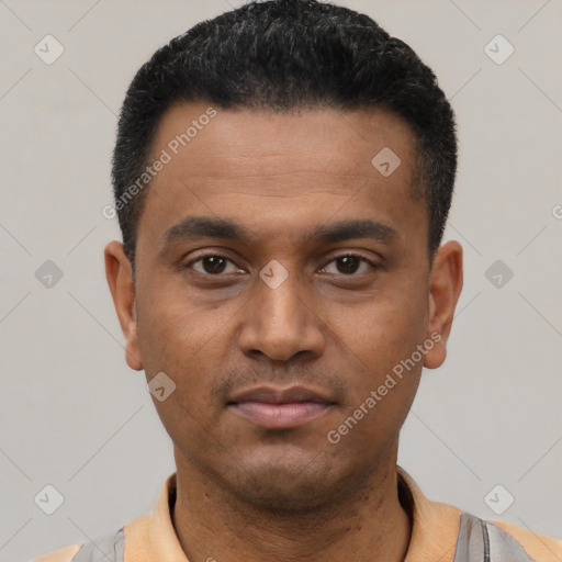 Neutral latino young-adult male with short  black hair and brown eyes