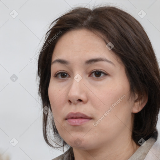 Neutral white young-adult female with medium  brown hair and brown eyes