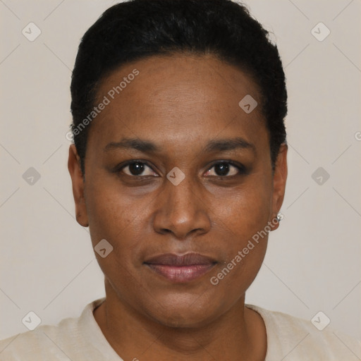 Neutral black young-adult female with short  black hair and brown eyes