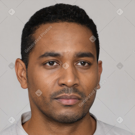 Neutral black young-adult male with short  black hair and brown eyes