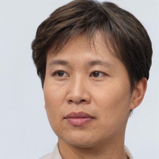 Joyful asian adult male with short  brown hair and brown eyes