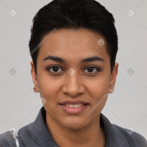 Joyful latino young-adult female with short  black hair and brown eyes