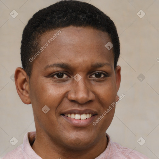 Joyful black young-adult female with short  brown hair and brown eyes