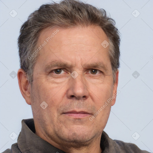 Neutral white middle-aged male with short  brown hair and brown eyes