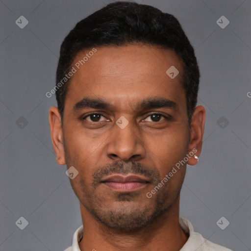 Neutral latino young-adult male with short  black hair and brown eyes
