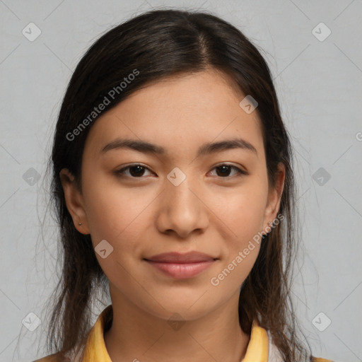 Joyful latino young-adult female with medium  brown hair and brown eyes