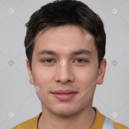 Neutral white young-adult male with short  brown hair and brown eyes