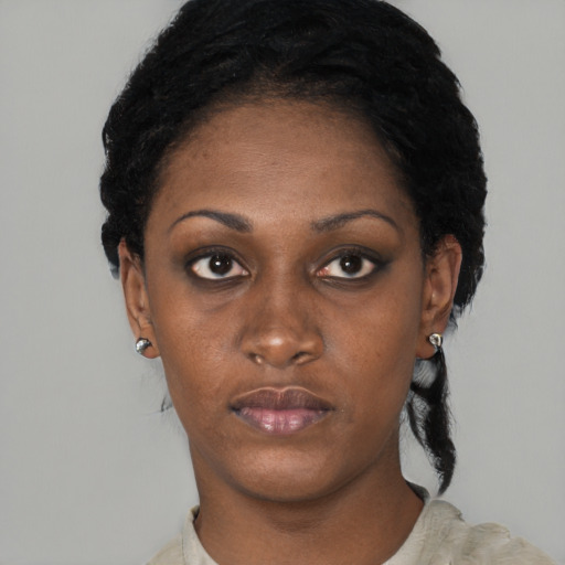 Neutral black young-adult female with short  black hair and brown eyes
