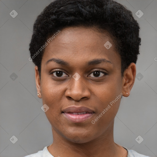 Joyful black young-adult female with short  black hair and brown eyes