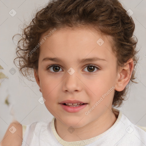 Joyful white child female with medium  brown hair and brown eyes