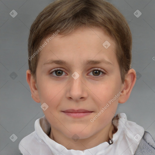 Joyful white child female with short  brown hair and brown eyes