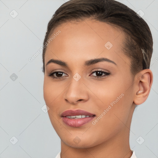 Joyful white young-adult female with short  brown hair and brown eyes