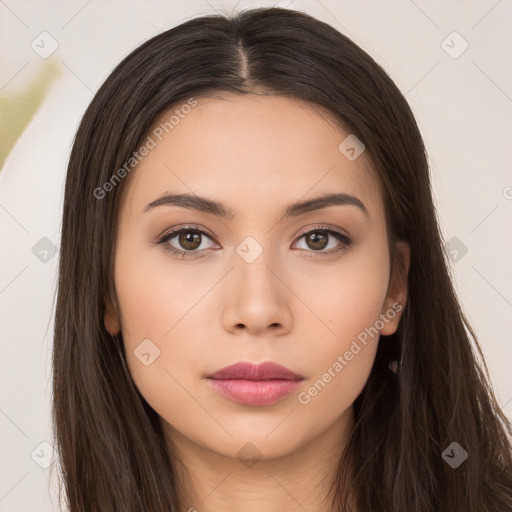 Neutral white young-adult female with long  brown hair and brown eyes