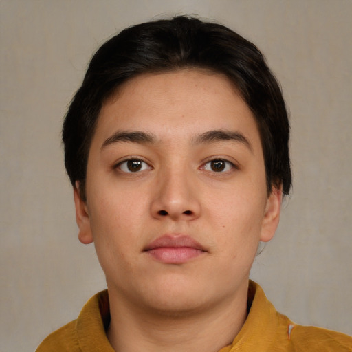 Neutral asian young-adult female with short  brown hair and brown eyes