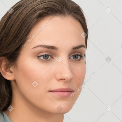 Neutral white young-adult female with medium  brown hair and grey eyes