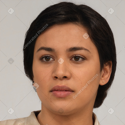 Neutral latino young-adult female with short  brown hair and brown eyes