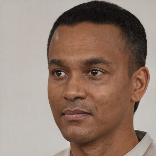 Neutral black young-adult male with short  black hair and brown eyes